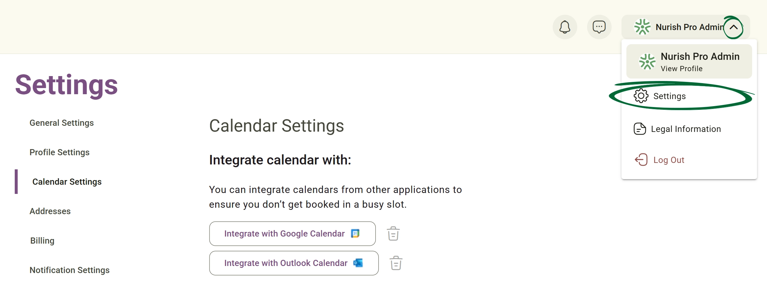Settings → Calendar Settings Screenshot
